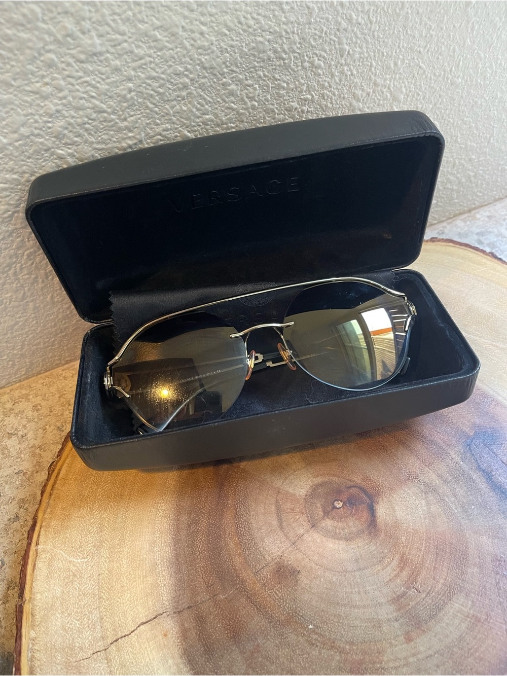 Versace Gold Medusa Rimless Aviator Sunglasses + Case & Cloth